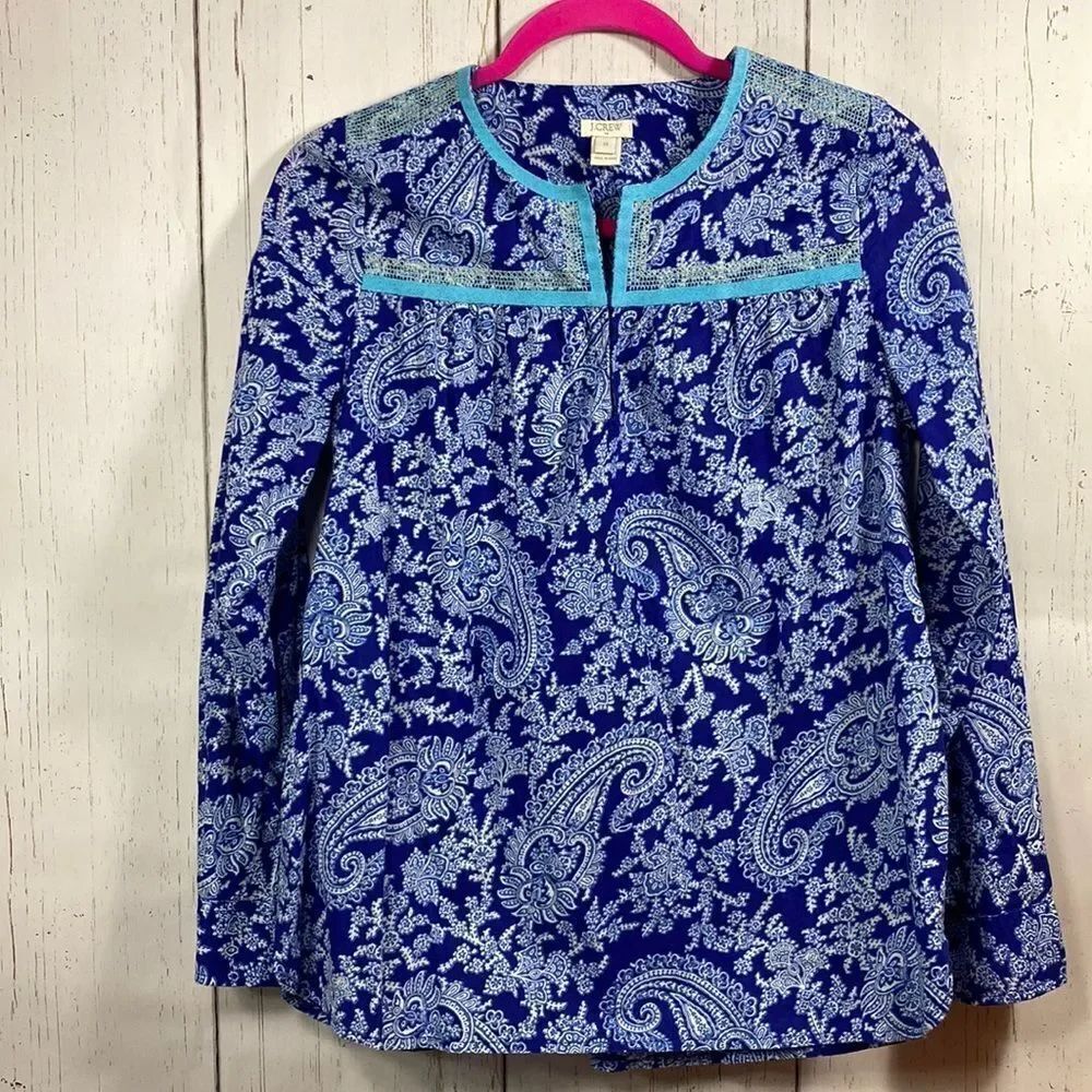 J.Crew Blue Paisley Tunic Top Embroidered Trim XS Boho Coastal Cotton